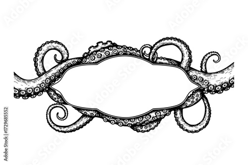 Octopus Tentacles Label Frame Design: Hand-Drawn Vector Engraving Illustration, Isolated on White, Sea, Ocean, Marine Life.