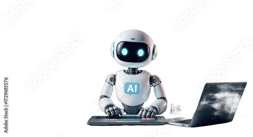 AI Robot Working on a Computer and Data Analysis