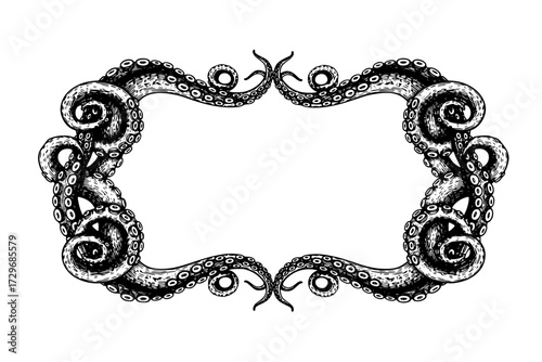 Octopus Tentacles Label Frame Design: Hand-Drawn Vector Engraving Illustration, Isolated on White, Sea, Ocean, Marine Life.