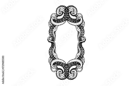 Octopus Tentacles Label Frame Design: Hand-Drawn Vector Engraving Illustration, Isolated on White, Sea, Ocean, Marine Life.
