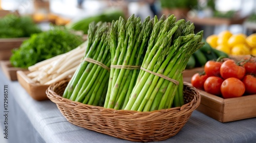 Fresh green asparagus bundles displaying healthy produce market