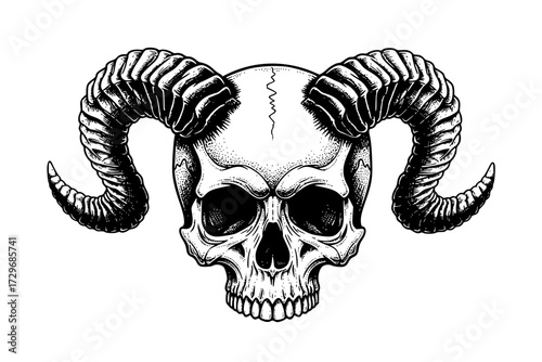 Devil Skull: Vector Engraving Illustration, Human Skull with Twisted Horns, Gothic, Demonic, Occult, Evil, Macabre, Halloween.