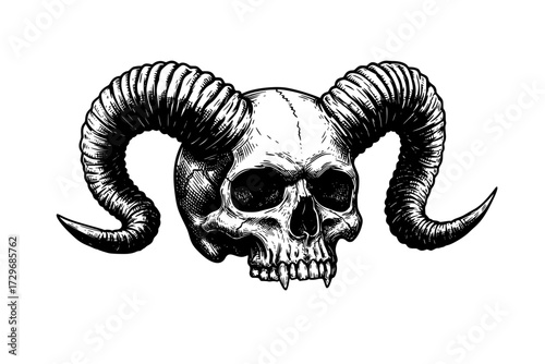 Devil Skull: Vector Engraving Illustration, Human Skull with Twisted Horns, Gothic, Demonic, Occult, Evil, Macabre, Halloween.