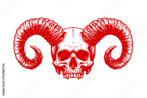 Devil Skull: Vector Engraving Illustration, Human Skull with Twisted Horns, Gothic, Demonic, Occult, Evil, Macabre, Halloween.
