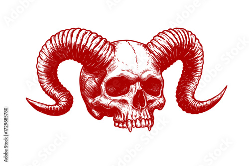 Devil Skull: Vector Engraving Illustration, Human Skull with Twisted Horns, Gothic, Demonic, Occult, Evil, Macabre, Halloween.