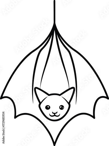 A cute cartoon black and white cat with a funny smile and a long tail
