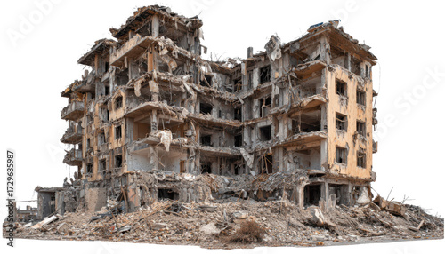 Ruined building structure with debris and rubble destroyed damaged