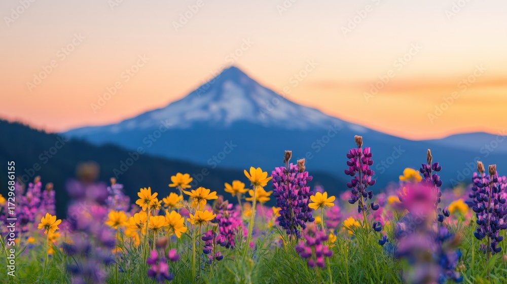 Obraz premium Wildflowers, including lupine and yellow blossoms, thriving in a meadow with Mount Hood in the background at sunset