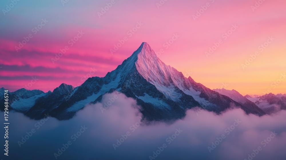Fototapeta premium Snow capped mountain peak rising above clouds at a vibrant sunset. Pink and orange clouds filling the sky with stunning colors