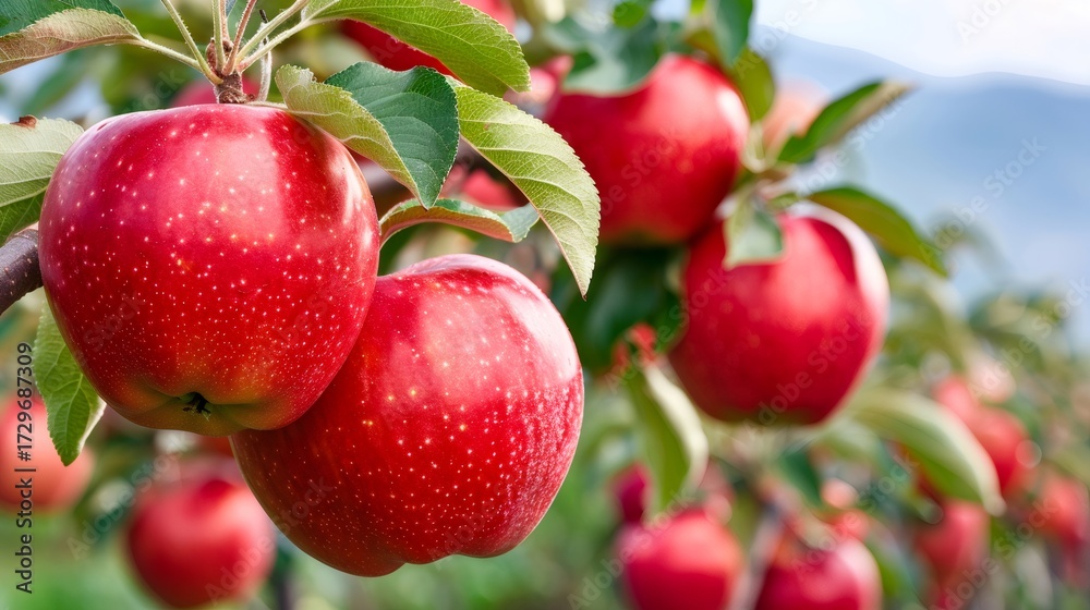 Obraz premium Ripe red apples growing on tree in orchard