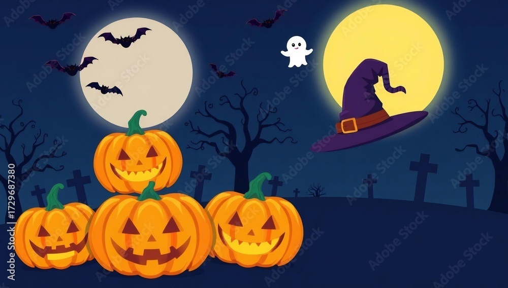 Fototapeta premium Spooky halloween night with pumpkins bats ghost and witch hat under the moon