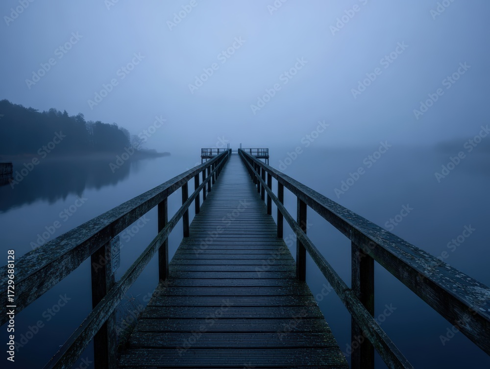 Obraz premium A long wooden pier stretches into a calm lake shrouded in thick fog, creating a serene and mysterious atmosphere in the muted blue light.