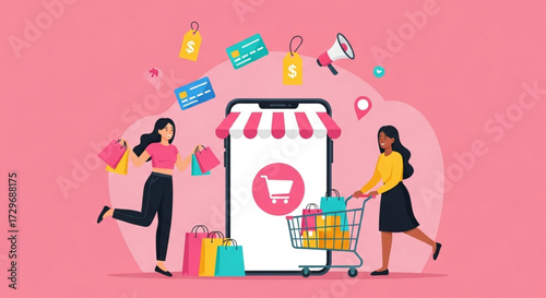 Online Shopping Concept with Mobile Phone and Happy Shoppers . E-commerce and Digital Marketing Illustration with People Shopping Online . eCommerce digital marketing banner vector.