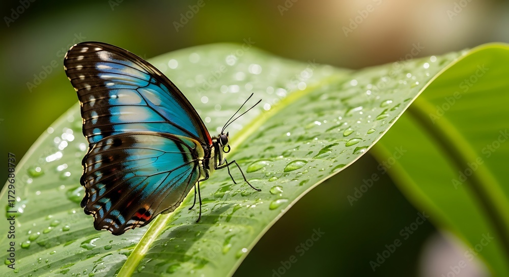 Fototapeta premium Blue Morpho Butterfly Resting on a Dewy Green Leaf.