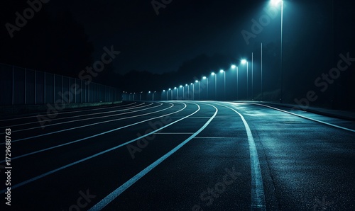 Night running track, city lights, fog, dark