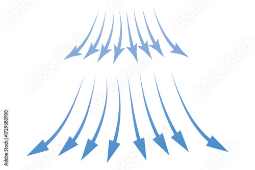 Blue arrow showing wind air flow set isolated, air direction circulation motion and strength signs