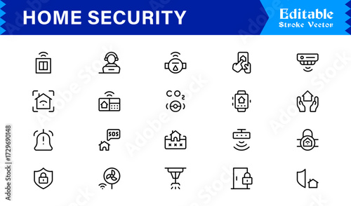 Modern Home Security Line Icon Collection with Clean Minimalist Style, Unique Vector Outline Icons Highlighting Surveillance, Alarms, Cameras, Access Control