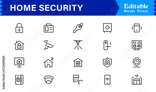 Modern Home Security Line Icon Collection with Clean Minimalist Style, Unique Vector Outline Icons Highlighting Surveillance, Alarms, Cameras, Access Control
