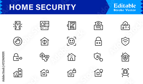 Modern Home Security Line Icon Collection with Clean Minimalist Style, Unique Vector Outline Icons Highlighting Surveillance, Alarms, Cameras, Access Control