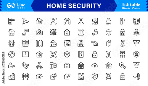 Modern Home Security Line Icon Collection with Clean Minimalist Style, Unique Vector Outline Icons Highlighting Surveillance, Alarms, Cameras, Access Control