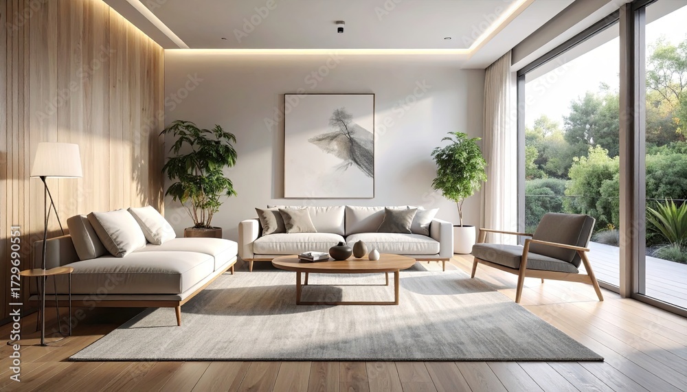 Fototapeta premium Bright Living Room with White Sofas Gray Rug and Wood Accents