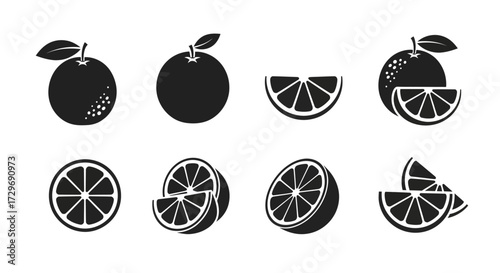 A collection of black and white silhouette icons representing whole oranges, sliced oranges, and orange wedges, suitable for graphic design and food-related themes.