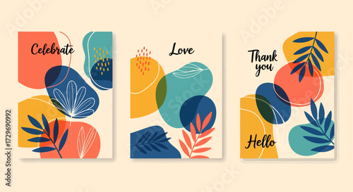 Three abstract greeting cards with organic shapes and botanical elements, featuring words like Celebrate, Love, Thank you, and Hello.