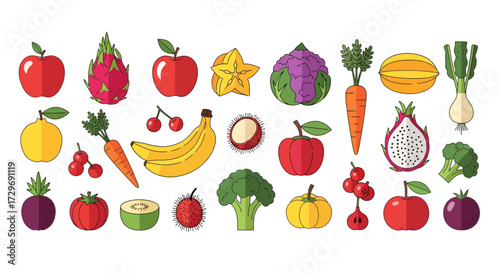 A vibrant collection of fresh fruits and vegetables arranged in a visually appealing pattern, showcasing a variety of colors and shapes.