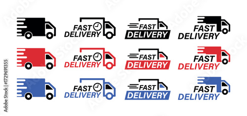 Fast Delivery Icons, Express Truck with Clock and Motion Lines, Same Day Shipping Symbol