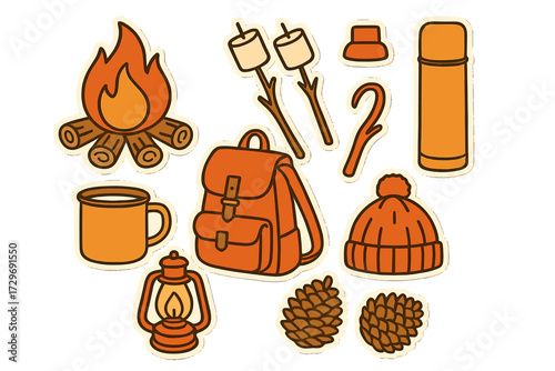 Camping doodle vector with fire, backpack, and outdoor essentials  