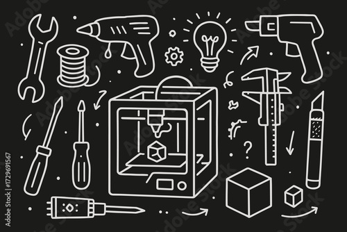 Doodle vector of tools and 3D printer with creative elements  