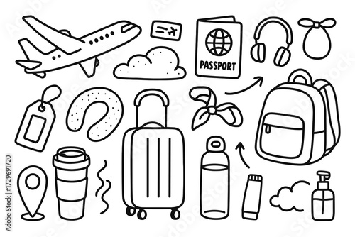 Travel doodle vector with airplane, suitcase, and travel essentials  