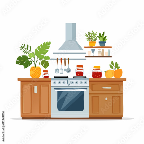 Bright Kitchen with Light Brown Cabinets Gray Oven and Assorted Plants in Pots on White Background