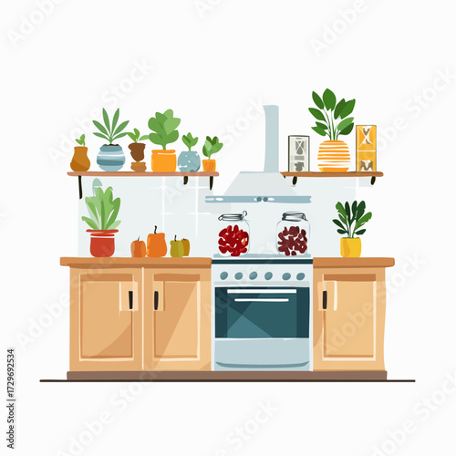 Warm Kitchen Interior with Plants on Shelves and Jars on Stove Vector Illustration Flat Lay Style
