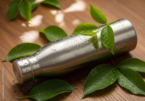Sustainable Hydration Metal Bottle with Green Leaves Reflecting Eco-Friendly Lifestyle