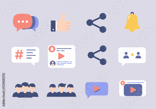 Dynamic social media icons including chat, likes, shares, notifications, hashtags, and video play buttons for modern digital communication