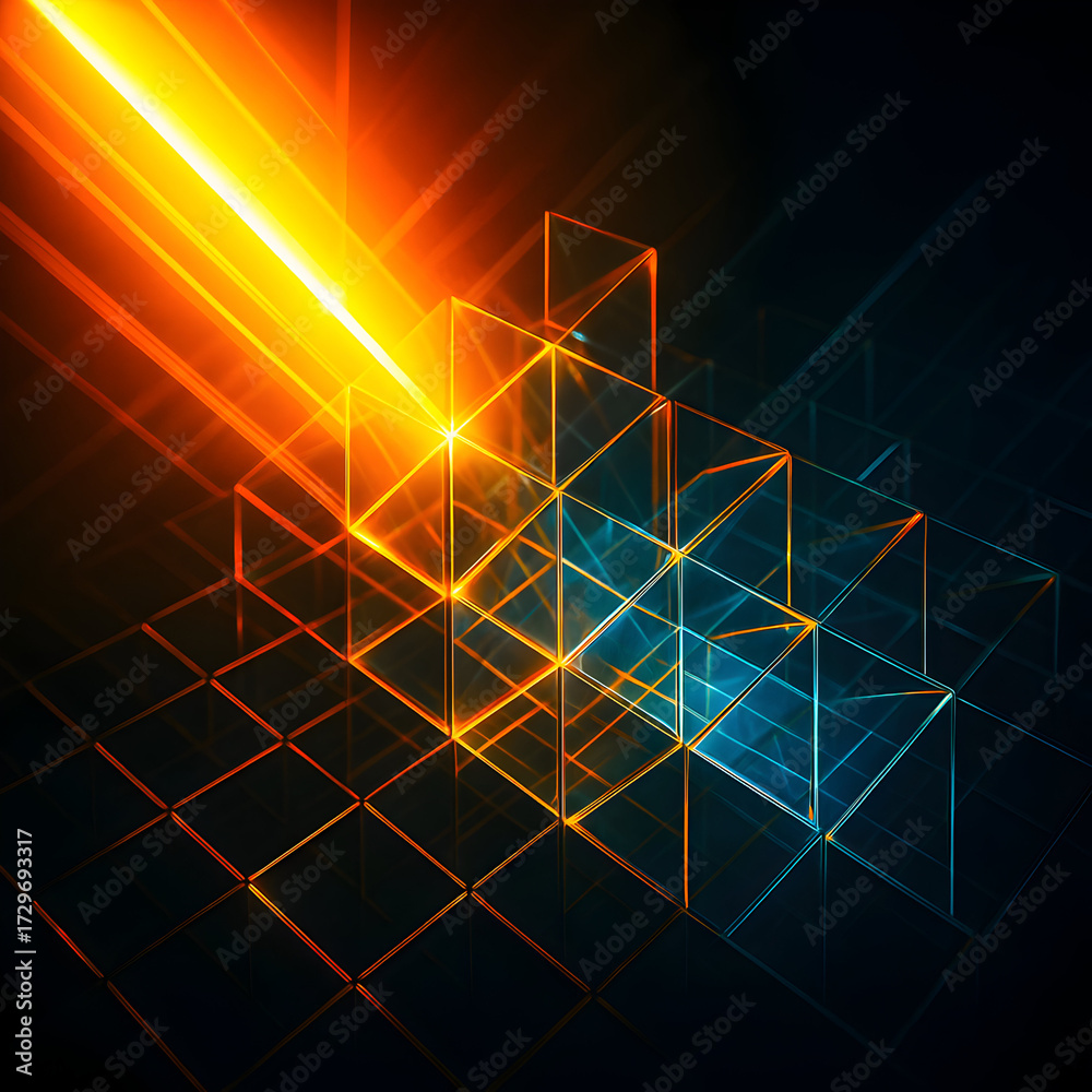 Fototapeta premium Neon Beam over Glass Cube Grid – Abstract Tech Geometry