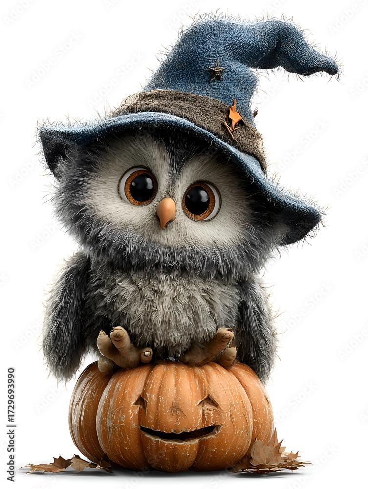 Fototapeta premium A whical owl wea a wizard hat sits perched happily atop a glowing jack o lantern on Halloween night.