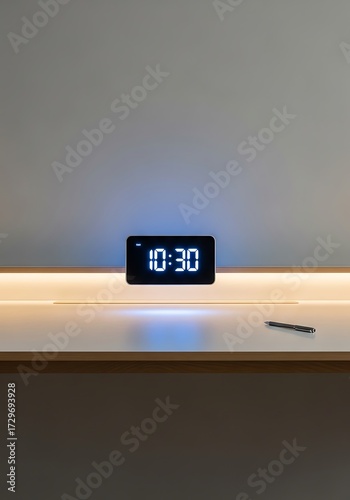 Illuminated digital clock displaying ten thirty against a minimalistic background with simple desk arrangement