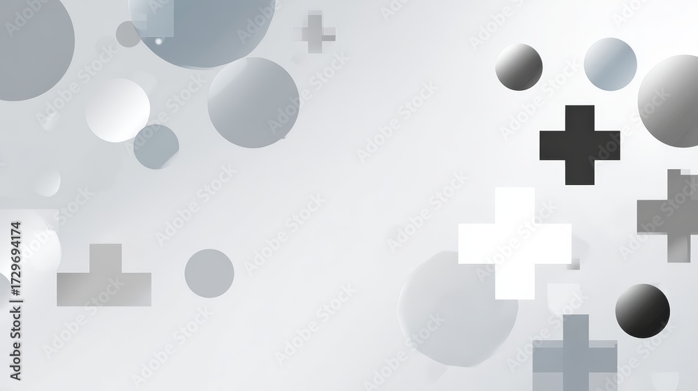 Obraz premium Abstract minimalist background with gradient gray circles and plus signs creates clean and modern design for presentation or graphic overlay.