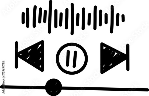 Music Player Control Doodle, Hand drawn music control bar with play and skip icons, perfect for UI, playlist, or podcast visuals.