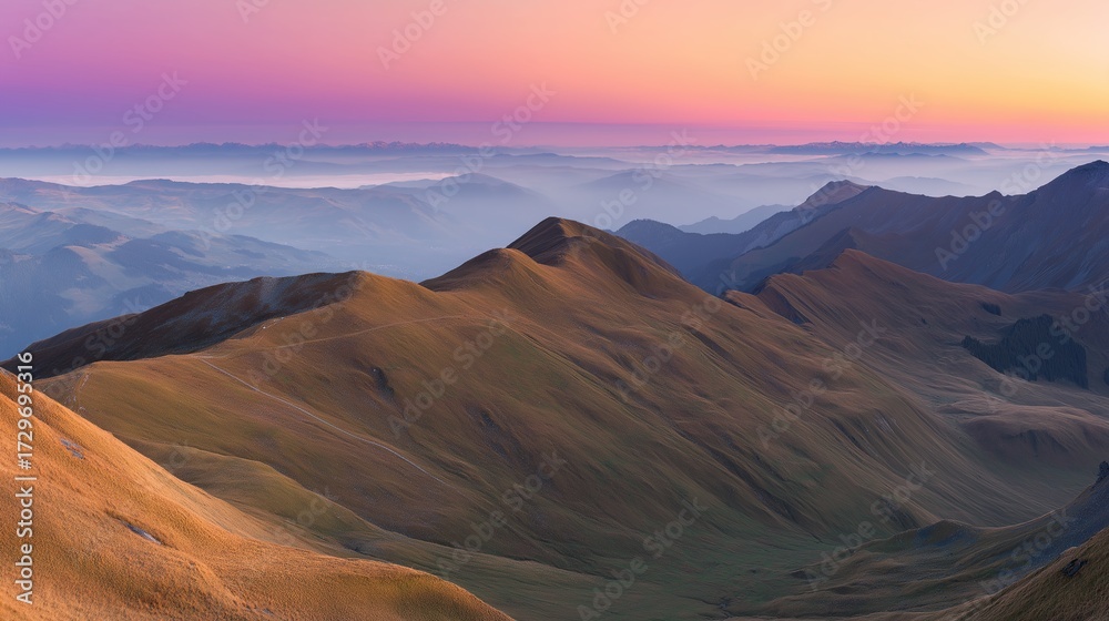 Naklejka premium alpine. Panoramic alpine landscape at dusk with warm golden light on mountain peaks. travel magazines, destination branding, designed for outdoor magazines and nature guides.