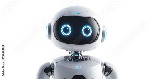 Friendly AI Robot with Glowing Eyes on a White Background