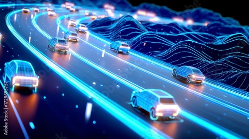 Futuristic highway filled with autonomous cars and neon light reflections, modern smart mobility and future transport innovation concept