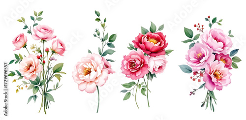 Wallpaper Mural Watercolor floral bouquets featuring lush pink roses with detailed leaves Isolated on transparent background Torontodigital.ca