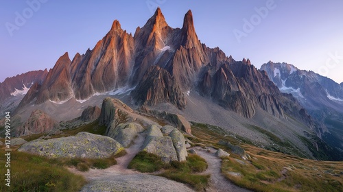 alpine. Panoramic alpine landscape at dusk with warm golden light on mountain peaks. travel magazines, destination branding, designed for outdoor magazines and nature guides.