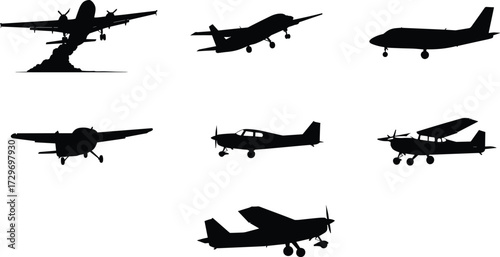 Airplane silhouette collection, small aircraft, propeller planes, light aviation, pilot training, flight transport, vector design, sky travel, aviation graphic set.