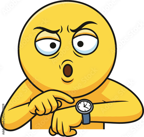 Impatient Emoji Looking at Wristwatch – Cartoon Vector Illustration Isolated on White Background
