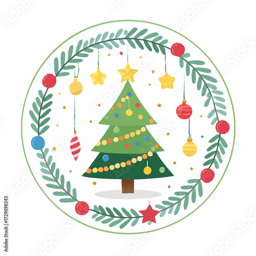 円形フレームとクリスマスツリーの華やかなベクター素材