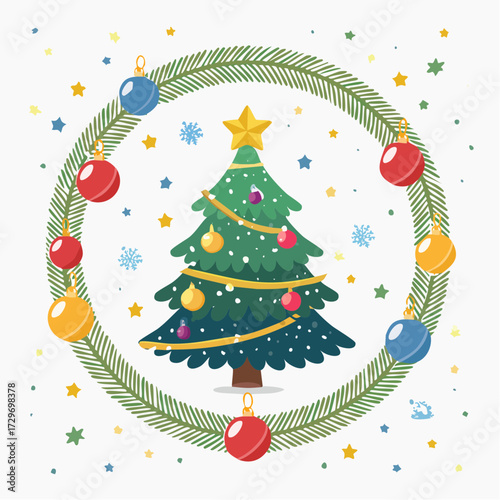 円形フレームとクリスマスツリーの華やかなベクター素材